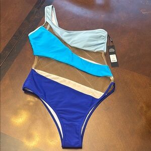 Fashion Nova Blue and Tan Mesh Swimsuit
